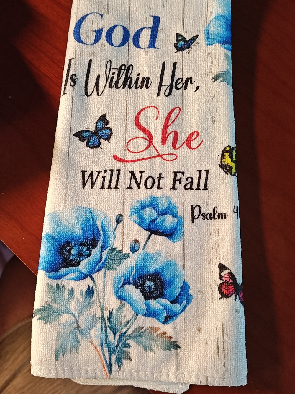 Inspirational 'She Will Not Fall' Blue Floral Wall Towel - Religious Home Decor